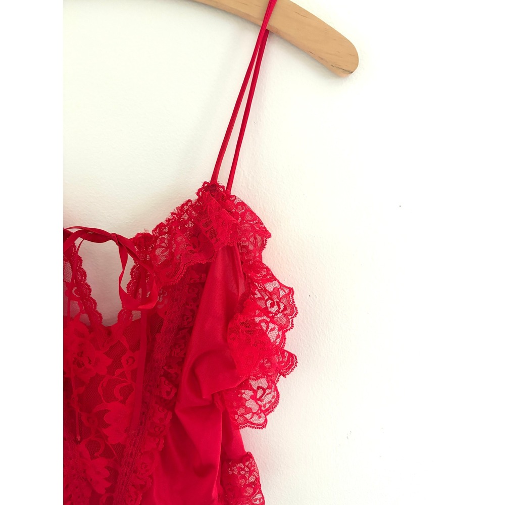 Vintage 80s Coquette Red Lace Ruffle Lingerie Bodysuit Teddy M - Picture 2 of 5